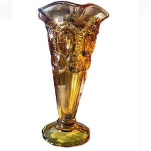 Le Smith Vintage Amber Glass Vase with Moon Star Pattern and Ruffled Edge